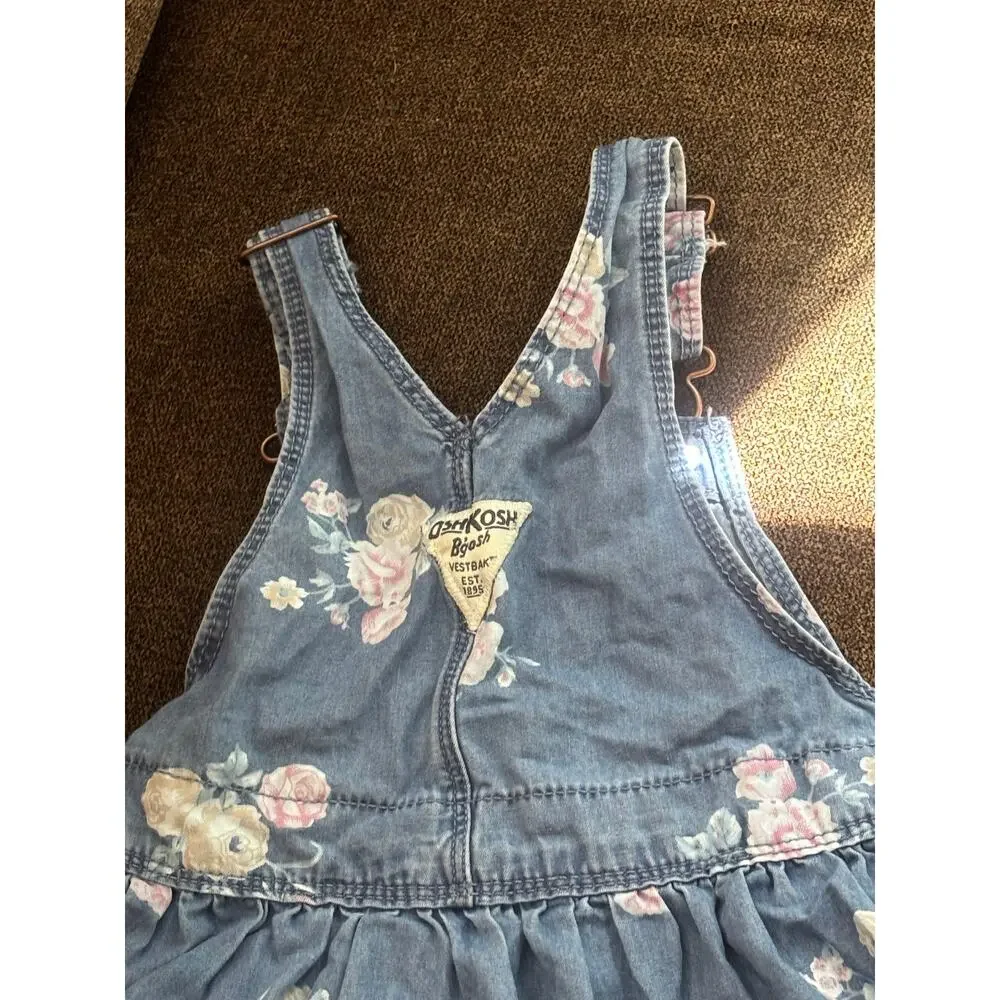OshKosh B'Gosh Denim Overalls Dress Coverall Jumper Girls Size 3T Roses Flowers